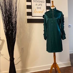 Green knee length dress with zipper collar